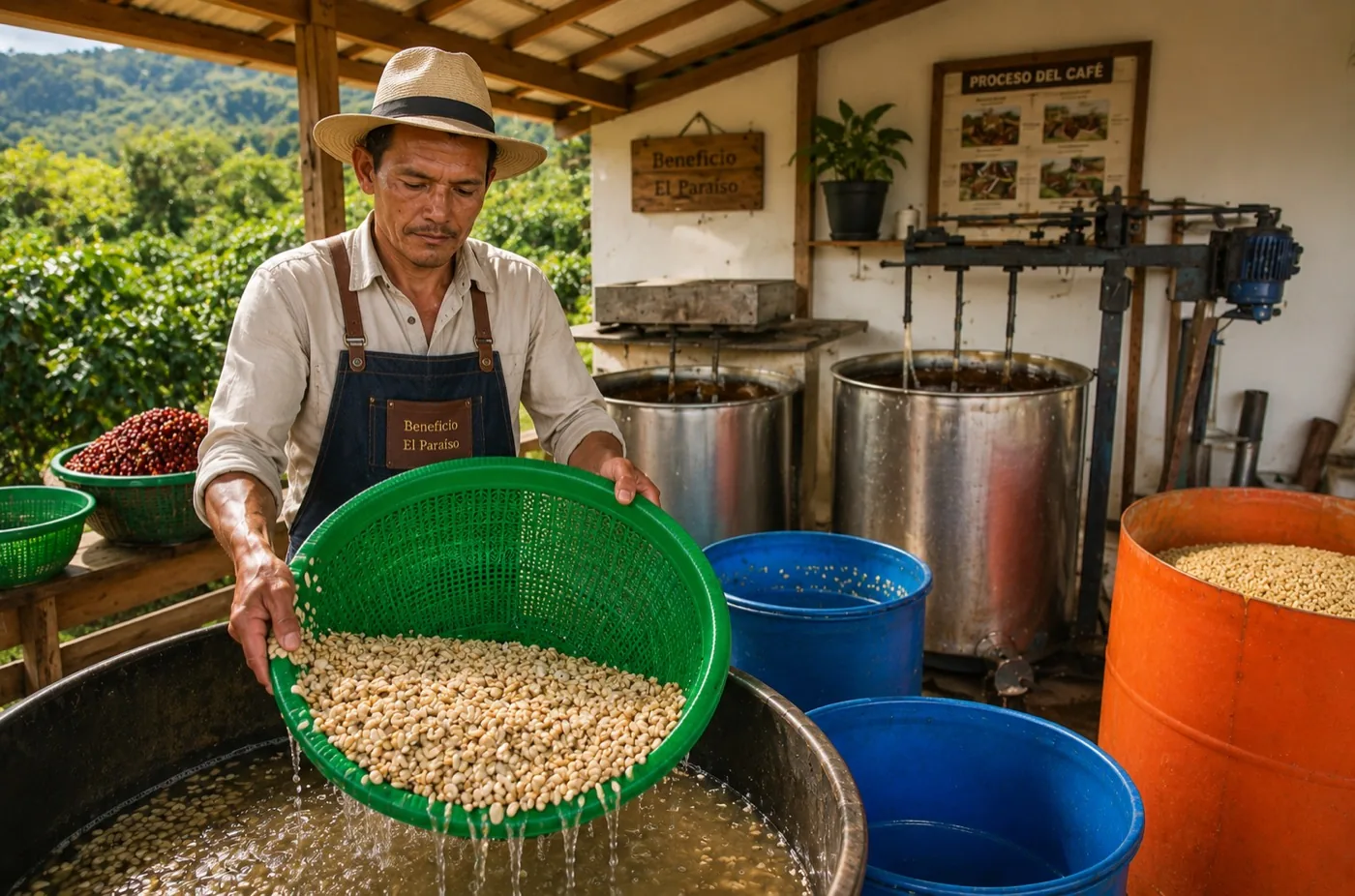 Grano lavado escurriendo junto a los tanques de fermentación